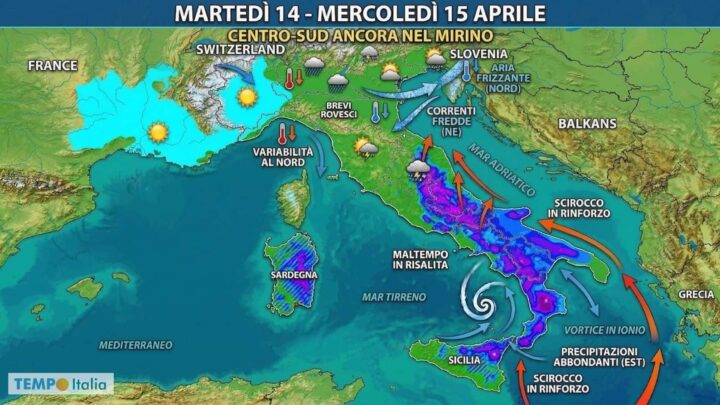 Il Vortice africano Lunedì 13: temporali, vento e crollo termico sull’Italia. Quanto durerrà il maltempo