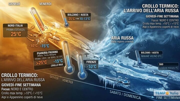 Da 28 gradi a 0 gradi in pochi giorni: il tracollo termico che l’Italia non si aspetta