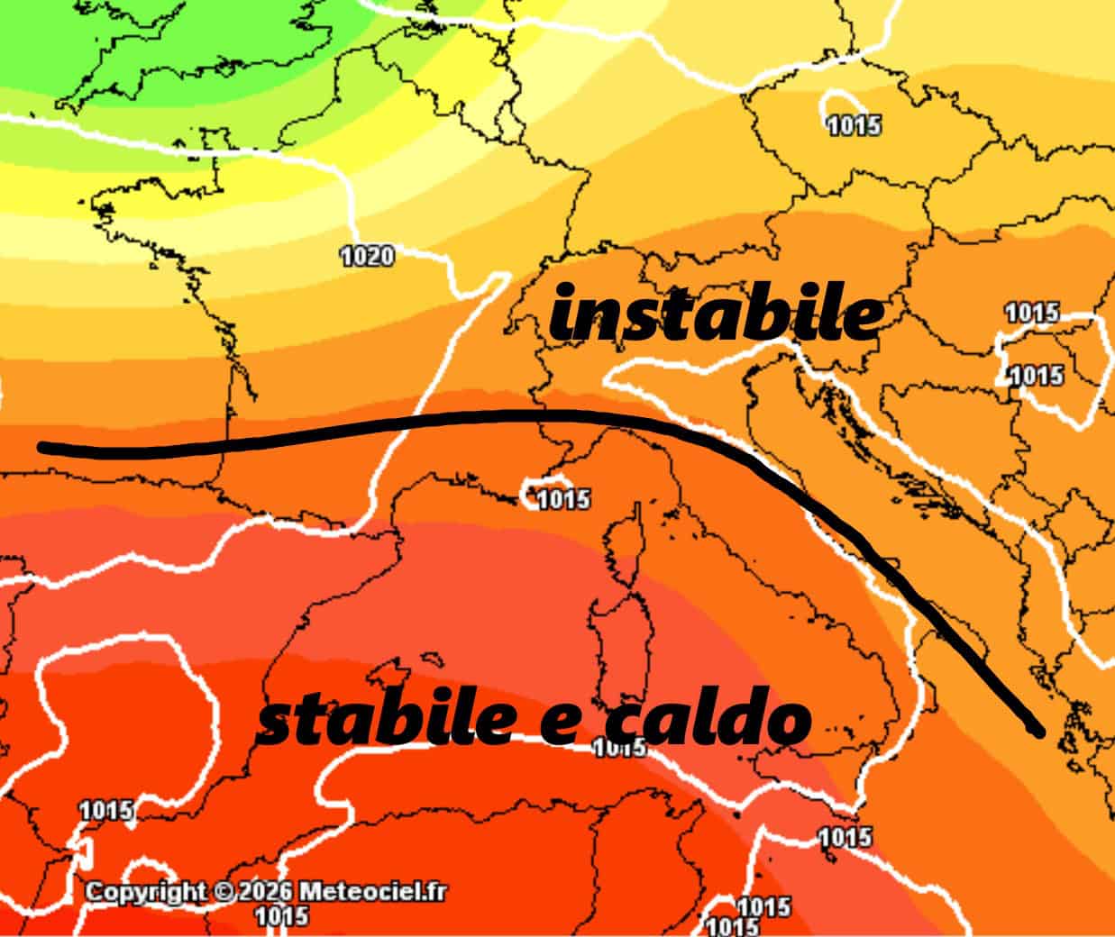 Questa cartina, a cura del modello americano, indica il probabile anticiclone che dovrebbe interessare il nostro paese a cominciare dal 9-10 giugno. Si può notare che il cuore caldo sarà sulle due Isole Maggiori, mentre al Nord e su alcune aree adriatiche potrebbero verificarsi alcuni focolai temporaleschi.